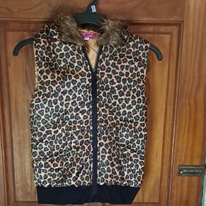 Energie Leopard Print Puffer Vest with Faux Fur Hood - Brown & Black
